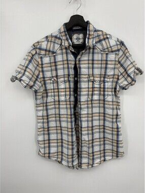 Express Mens Button Down Shirt Multi Plaid Western Fitted Short Sleeve Medium